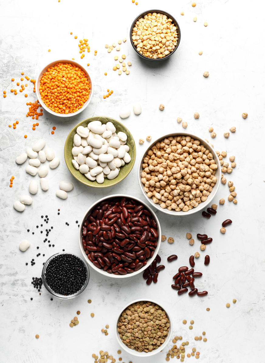 Various types of legumes, beans, lentils, chickpeas and peas, top view. weight loss guide for vegetarians